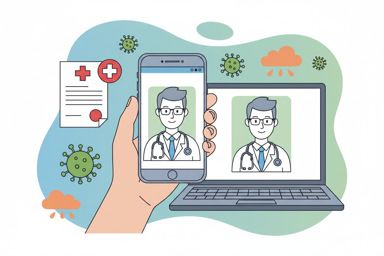 Eine Hand hält ein Smartphone, auf dessen Bildschirm ein Arzt zu sehen ist, während im Hintergrund ein Laptop mit demselben Arzt, ein Dokument und Coronaviren dargestellt sind.