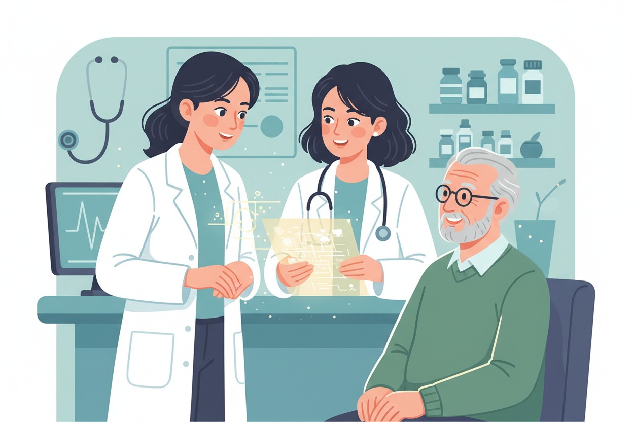 Zwei Ärztinnen in weißen Kitteln beraten einen älteren, lächelnden Patienten in einer Arztpraxis.
